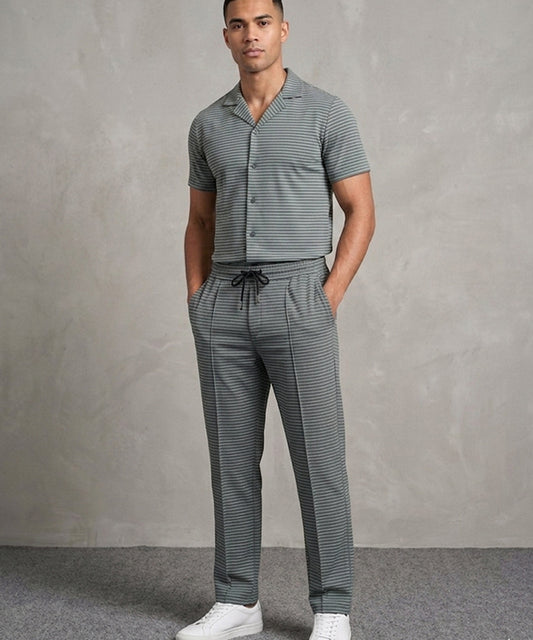 Men’s Pinstripe Drawstring Co-Ord Suit– Relaxed Fit- Green Stripe