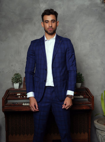 Formal Checkered Suit Gst-0053 Blue Chk